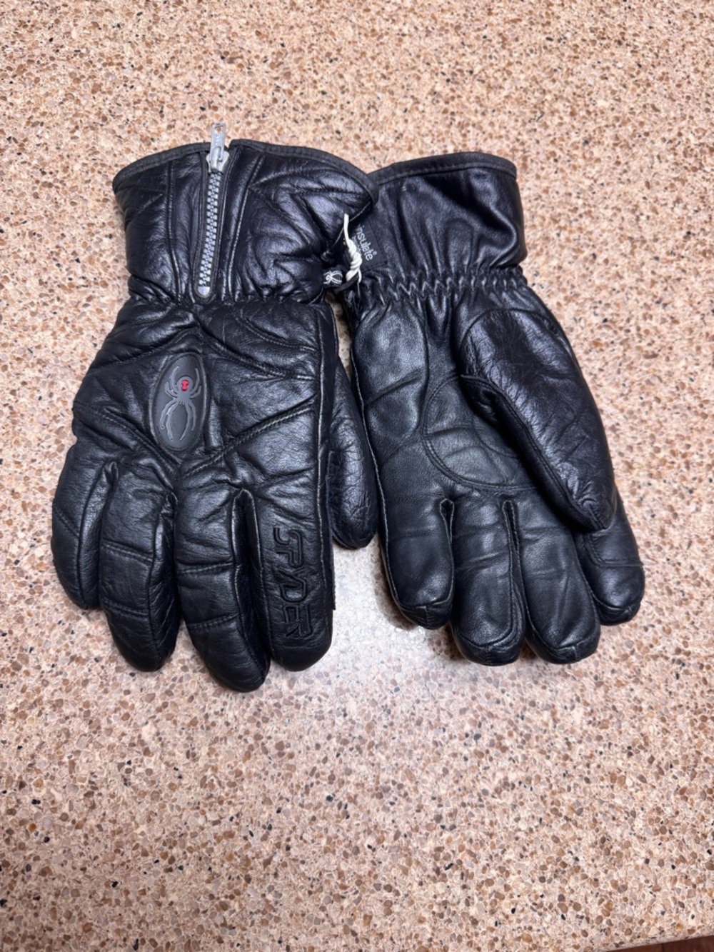 Spyder Black Leather Ski Gloves with Zip and Logo